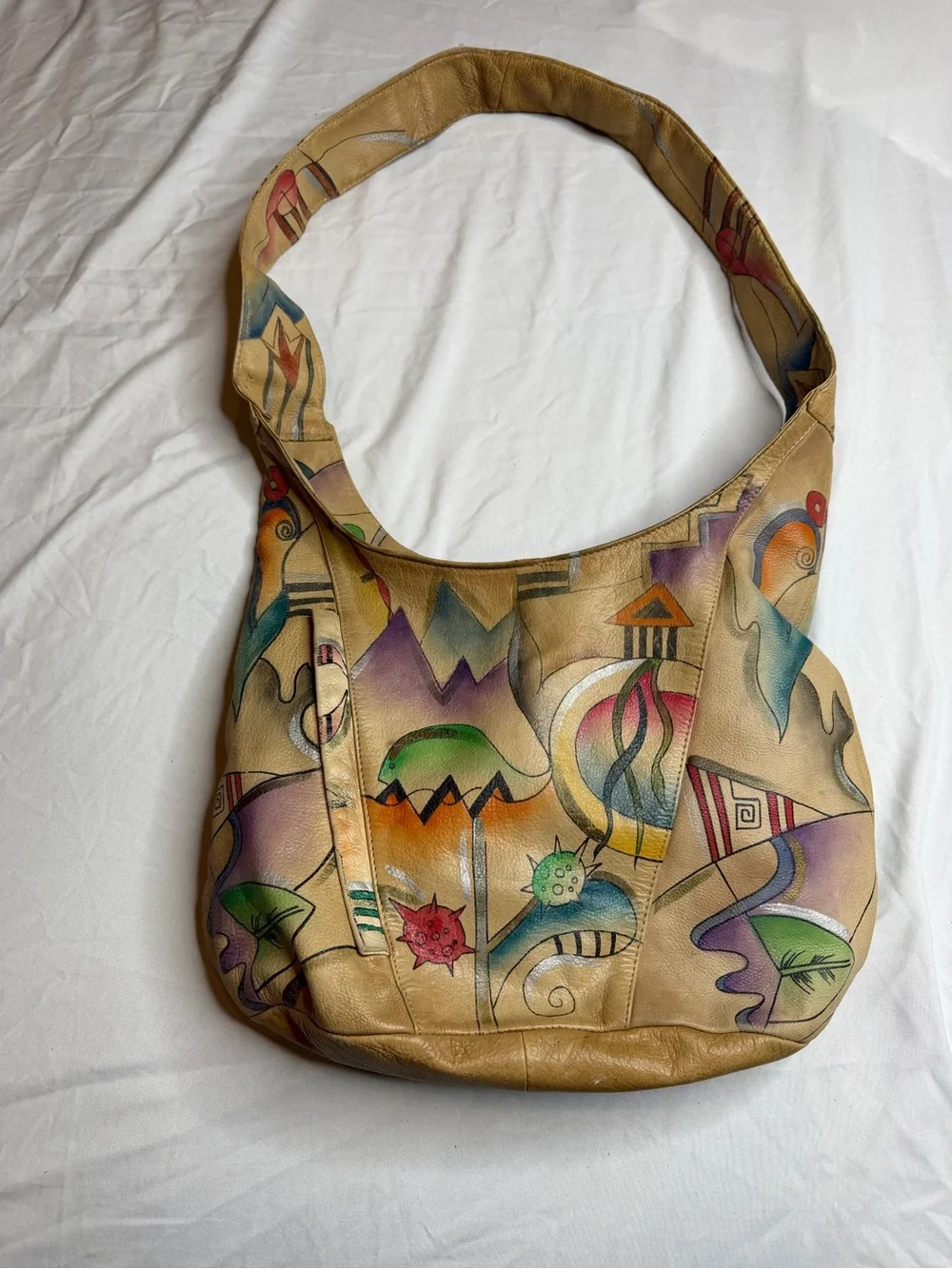Hand Painted Genuine Leather Hobo Shoulder Bag Abstract Art Boho Slouch Purse